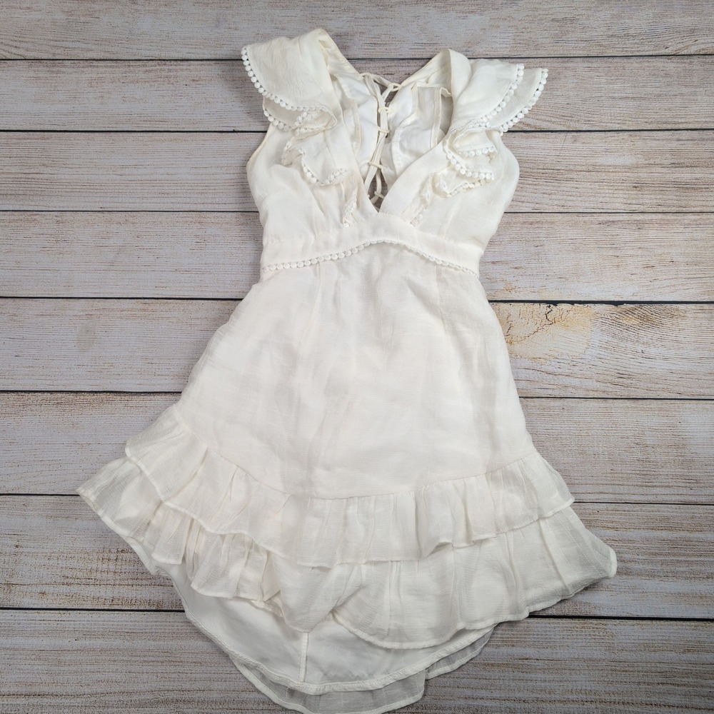 Saints + Secrets White Ruffle Lace Up Back Mini Dress | boho‎ coquette Womens S
